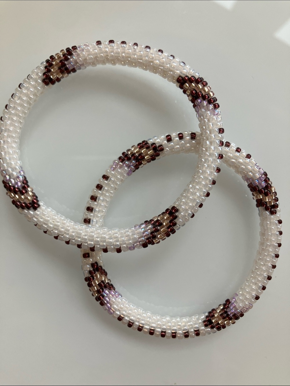 Handmade Seed Bead Bracelet - Set of 2, white & plum